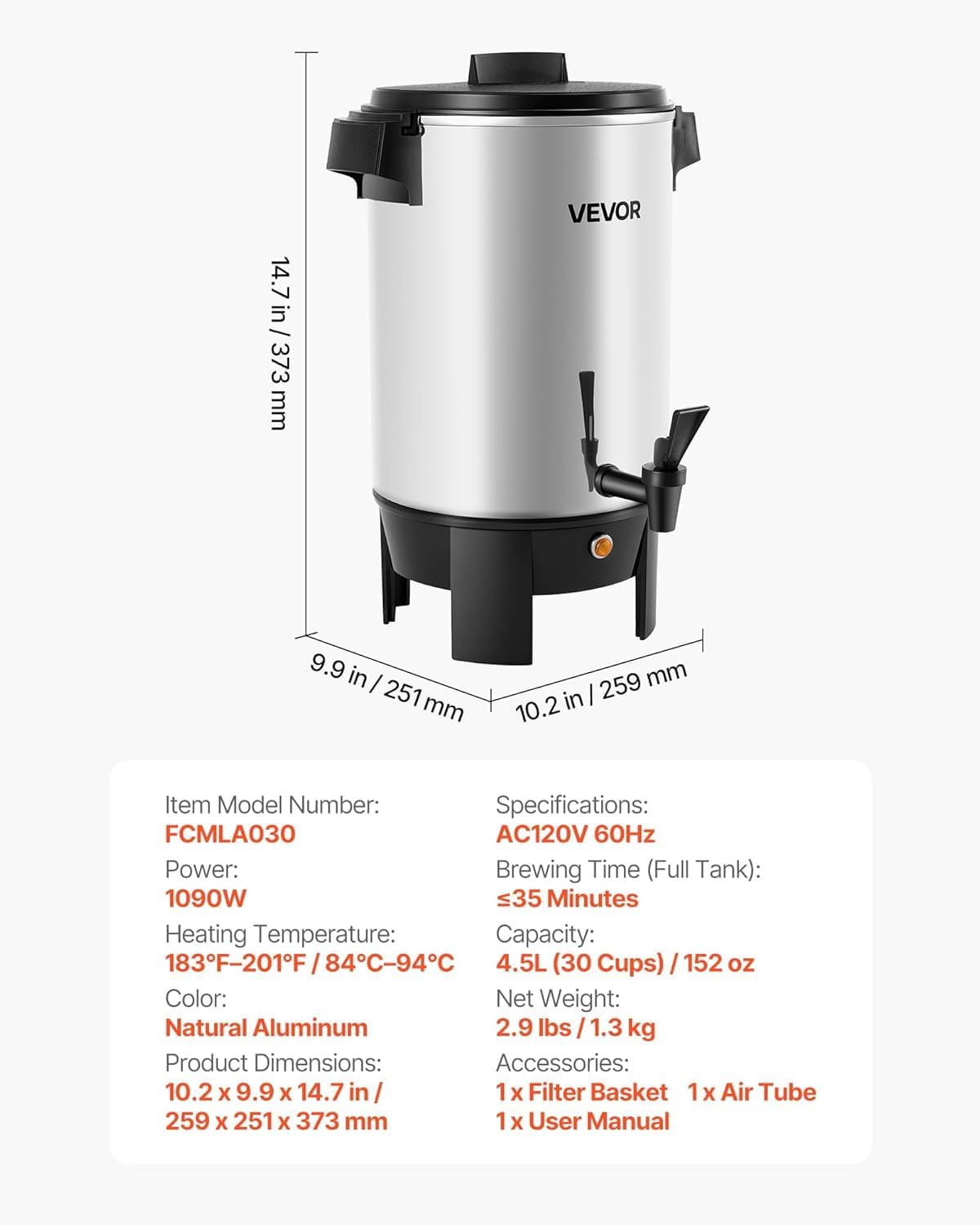 VEVOR Commercial Coffee Urn, 60 Cup 9 L Hot Beverage Dispenser with Dripless Faucet, Quick-Brewing Stainless Steel Large Commercial Coffee Maker, for Catering, Business, Party, Church & Restaurant