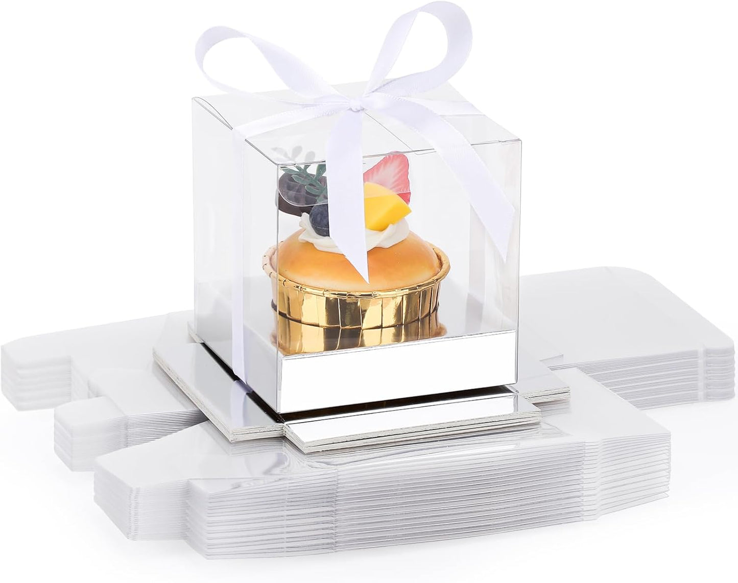 EUSOAR Individual Cupcake Holder, 50pcs 3.5 Inch Plastic Black Cupcake Containers with Lids, Single Transparent Display Clear Cupcake Carrier with Ribbon and Inserts for Wedding Party Favor