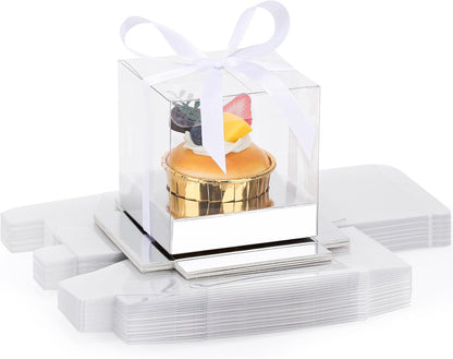 EUSOAR Individual Cupcake Holder, 50pcs 3.5 Inch Plastic Black Cupcake Containers with Lids, Single Transparent Display Clear Cupcake Carrier with Ribbon and Inserts for Wedding Party Favor