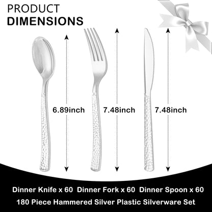 Supernal 180Pcs Silver Plastic Silverware Set, Elegant Hammered Design Heavy Duty Disposable Cutlery, Includes 60 Forks, 60 Knives, 60 Spoons,Silver Plastic Utensils for Wedding, Parties,Events