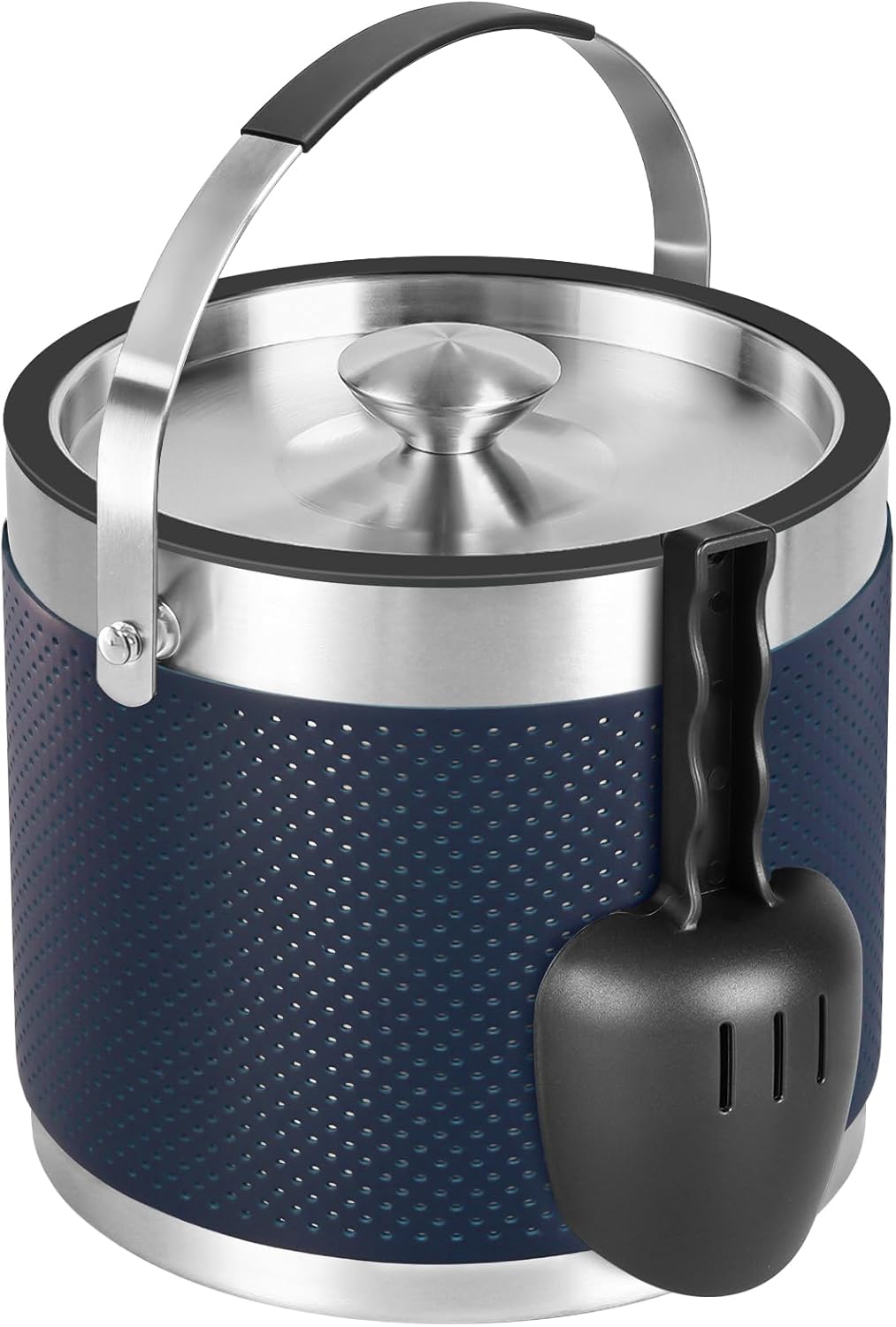 3.4Quart/3.2L Insulated Stainless Steel Ice Bucket with Lid, Scoop, Leather Design Double Wall Wine Bucket for Cocktail Bar, Parties (Dark Blue)