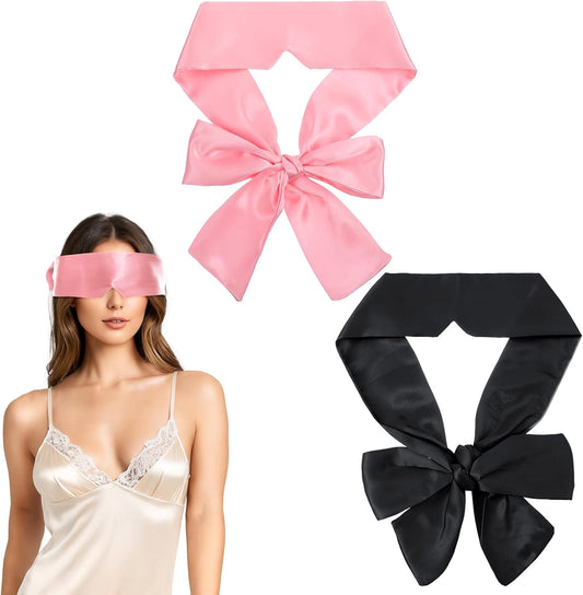 Tyqour 2 Pcs Soft Silk Blindfold for Adult Couples, Satin Blind Folds for Adult Play, Adjustable Blindfold for Party Games, 59 Inch V-Shaped Blackout Sleep Mask for Women Men Gift (Black, Pink)
