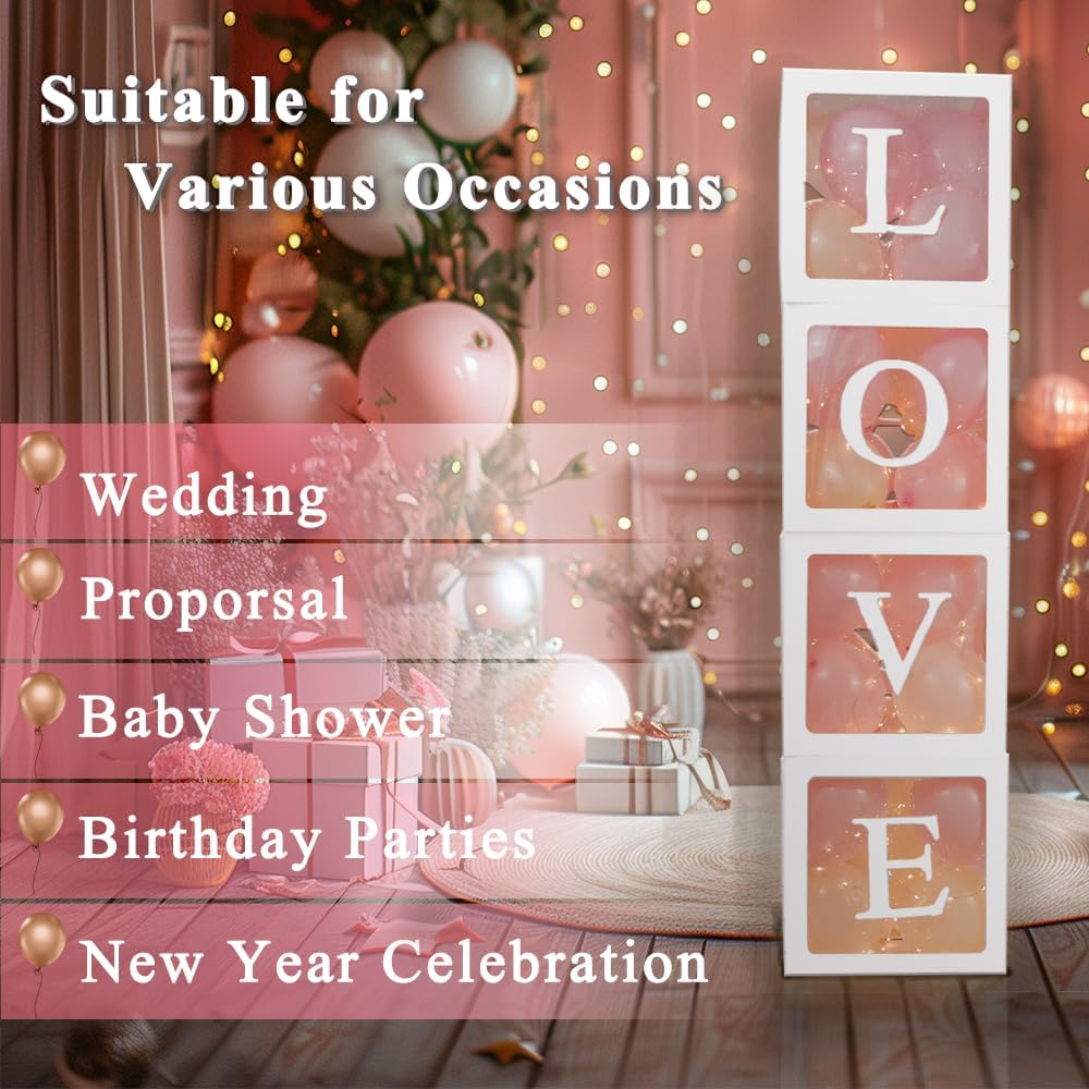 Ledido Transparent Balloon Boxes, Clear Balloon Boxes with 5 Pcs String Lights and 78 Letters for Baby Shower Gender Reveal 2026 New Year Grad Party Birthday Anniversary Bridal Decor - 5 White Boxes