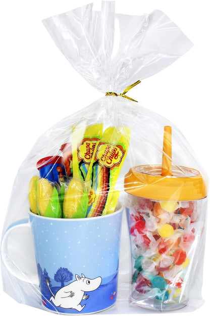 PigPotParty Cellophane Treat Bags 6x9 Inch, 50 Pack Clear Goodie Bags with Bottom Gusset for Stand-Up Display, Small Plastic Gift Wrap for Cookies, Candy, Party Favors, Popcorn, Includes 50 Gold Ties