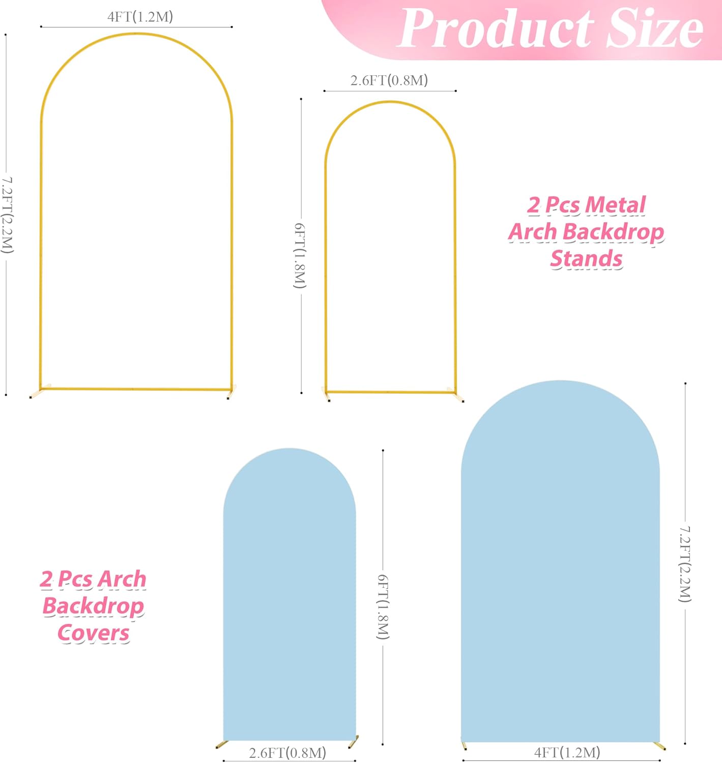 Wokceer Wedding Arch Backdrop Stand and Cover Set of 2 Metal Arch Stand with Arch Cover White 7.2FT, 6FT for Birthday Party Wedding Ceremony Bridal Baby Shower Event Decor