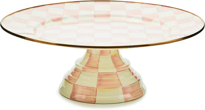 MACKENZIE-CHILDS Enamel Pedestal Platter, Round Cake Stand, Large, Black-and-White Courtly Check
