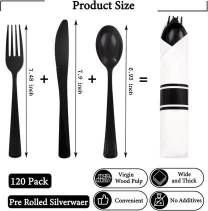 Supernal 240 Silver Plastic Silverware Set - 60 Sets Pre Rolled Napkins with Cutlery - Mirror Polished Real Look Disposable Silver Utensils- Elegant Heavy Duty Flatware for Weddings & Catering