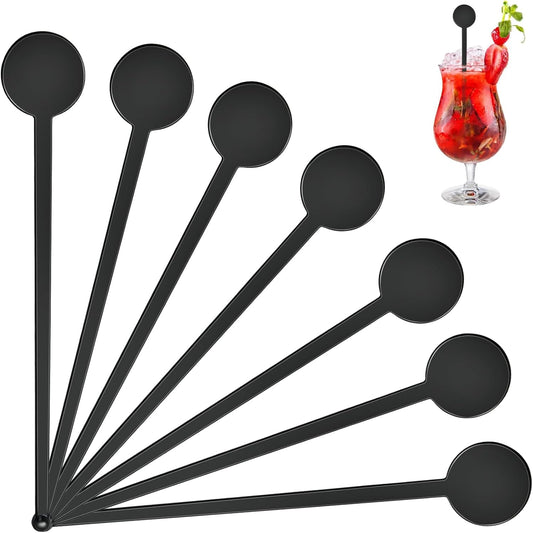 200 Pcs Cocktail Swizzle Sticks, 7.3inch Clear Coffee Stirrers Disposible Plastic Swizzle Sticks for Drink Black Disc Top Drinks Mixing Rod for Coffee Whiskey Beverage