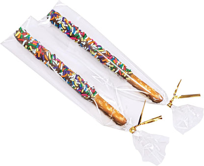 Wowfit 100 CT 6x10 Inch Clear Flat Cellophane Treat Bags with 6” Gold Twist Ties, Cello Packaging for Gift Wrapping, Decorations, and Food Storage