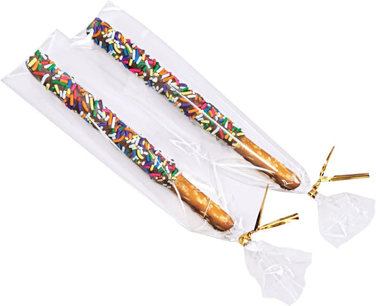 Wowfit 100 CT 6x10 Inch Clear Flat Cellophane Treat Bags with 6” Gold Twist Ties, Cello Packaging for Gift Wrapping, Decorations, and Food Storage