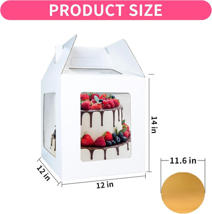 Yeplan 2 Packs Tall Cake Boxes with Cake Board,10x10x12 Inches Large Tiered Cake Carriers with Clear Windows and Handle, Cake Containers for Birthday, Wedding, Party and Festival