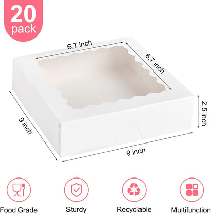 Kucoele 20 PCS Pie Boxes, 9 x 9 x 2.5 Inches Bakery Boxes with Window, Auto-Popup Cookie Boxes White Treat Boxes for Chocolate Strawberries, Pastries, Muffins, Donuts