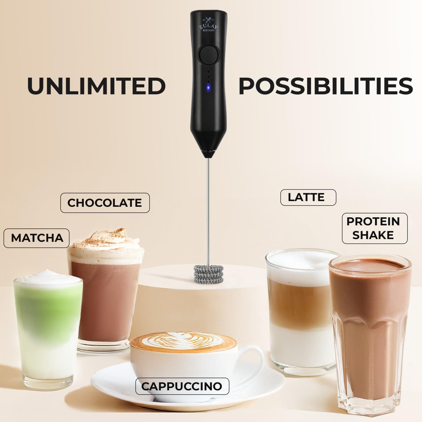 Zulay Kitchen Powerful Milk Frother Wand With Duracell Batteries - Ultra Fast Handheld Drink Mixer - Electric Whisk Foam Maker for Coffee, Lattes, Cappuccino & Matcha - Z1 Motor - Black - Colors D