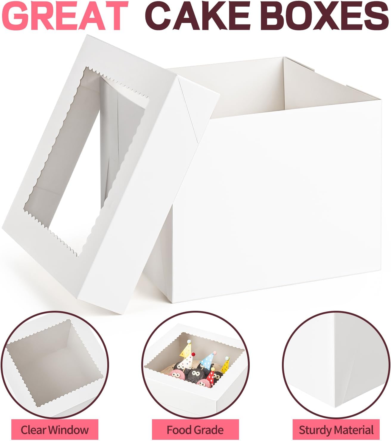 ZORRITA 2 Pack Cake Boxes, 10 x 10 x 8 Inches Tall Cake Boxes with Cake Boards, Disposable Cake Containers with Lids and Window for Wedding, Birthday, Party