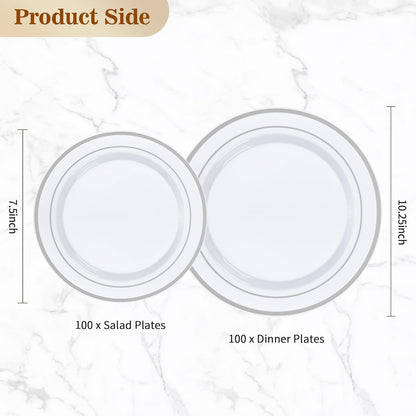 BESTVIP 200PCS Gold Plastic Plate, Disposable Party Plates with 100 Dinner Plates and 100 Dessert Plates, Plastic Plates for Party, Wedding and Birthday
