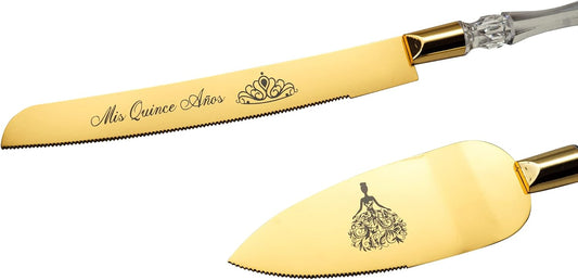 Lassos Boutique Mis Quince Años Quinceanera Cake Serving and Knife Set, Sweet 15 Birthday Cake Cutting Set, Feliz 15 Anos Decoration, Acrylic Handle, Stainless Steel (Gold)