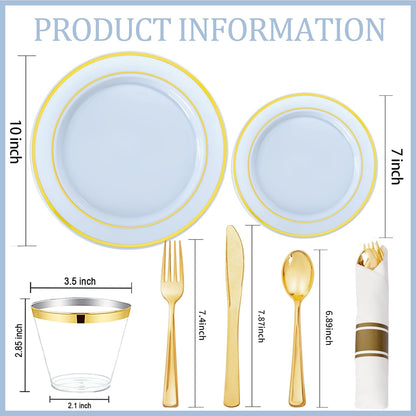 350 Pieces Black and Gold Plastic Plates with Disposable Silverware, Include 50 Dinner Plates 9”, 50 Dessert Plates 6.3”, 50 Black Cups 9 OZ, 50 Pre Rolled Napkins for Wedding Party Graduation