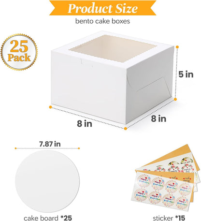 COTOPHER 50 Pcs Cake Boxes 8 Inch, 8x8x5 Inches Cake Containers (25 Boxes & 25 Boards), White Bakery Boxes with Windown for Cookies, Desserts, Cupcake, Pastries, Birthday, Wedding, Mother's Day