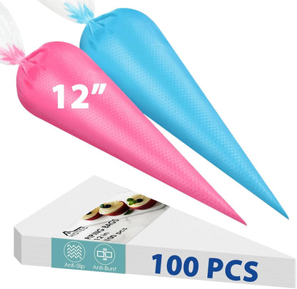 HOTEC Piping Bags and Tips Set, 120 Pcs Cake Decorating Kit with 100pcs 12 Inch Disposable Pastry Bags, 1 Reusable Piping Bags, 12 Piping Tips, 3 Cake Scraper, 2 Couplers, 2 Bag Ties, Baking Supplies