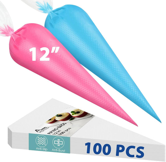 HOTEC Piping Bags and Tips Set, 120 Pcs Cake Decorating Kit with 100pcs 12 Inch Disposable Pastry Bags, 1 Reusable Piping Bags, 12 Piping Tips, 3 Cake Scraper, 2 Couplers, 2 Bag Ties, Baking Supplies