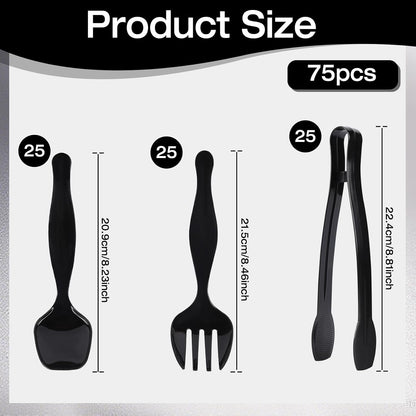 75 Pcs Plastic Serving Utensils, Disposable Black Heavy Duty Serving Spoons, Forks, and Tongs for Parties, Buffets, Banquets, Weddings, Birthdays, and Daily Use