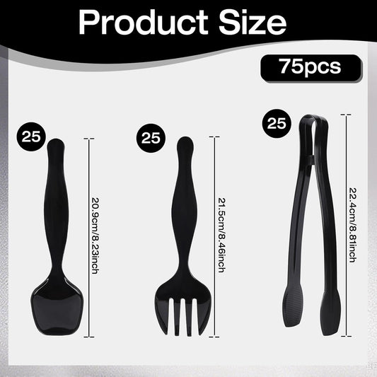 75 Pcs Plastic Serving Utensils, Disposable Black Heavy Duty Serving Spoons, Forks, and Tongs for Parties, Buffets, Banquets, Weddings, Birthdays, and Daily Use