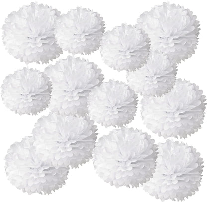 White Paper Pom Poms - Party Tissue Paper Flowers Balls - Party Hanging Decoration Supplies - Size of 10inch, 12inch, Great for Wedding, Birthday, Any Parties and Events (12 PCS)