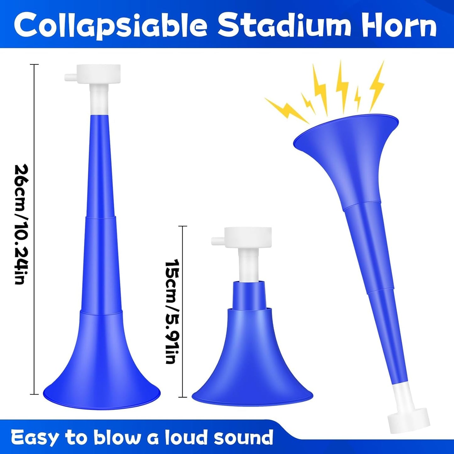 Denylo pro Collapsible Stadium Horn 24 Inch Vuvuzela Plastic Trumpet Horn Blue Blow Horn Loud Sound Soccer Horn Noisemakers for Sporting Events Graduation Party Supplies