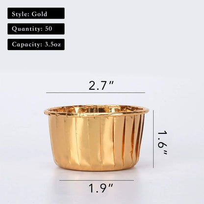 Party Hippo Cupcake Cups, 3.5 Oz 50 pcs Disposable Foil Muffin Liners, Gold Baking Cups, Ramekin Aluminum Cupcake Tip Pan Ramekin Holders, Little Baking Cups (White)