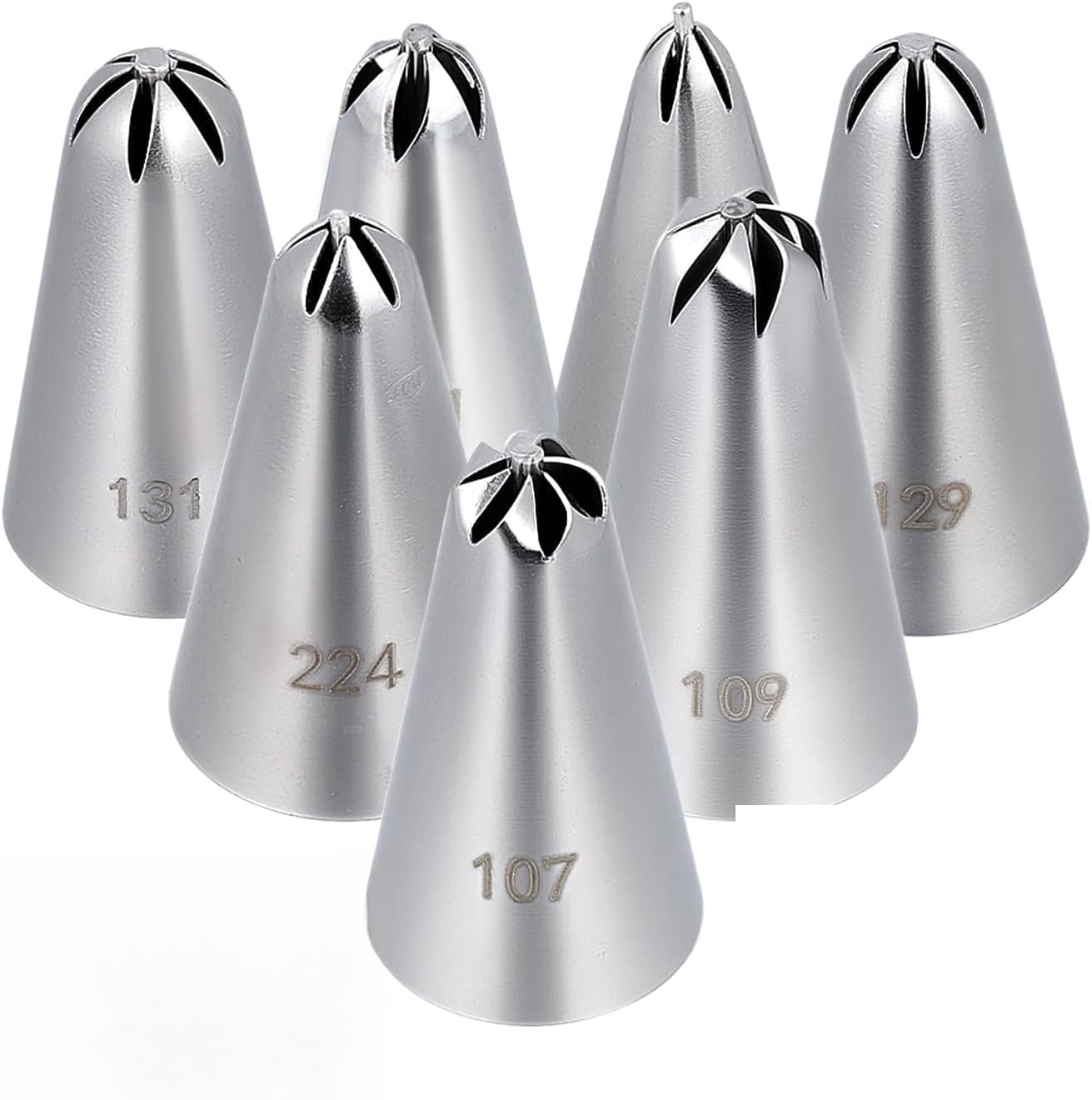 7 Pcs Drop Flower Piping Tips Set, 107, 109, 129, 131, 191, 224, 225 Stainless Steel Icing Tip for Swirl, Rosette, Cake Cookie Decorating Floral Patterns