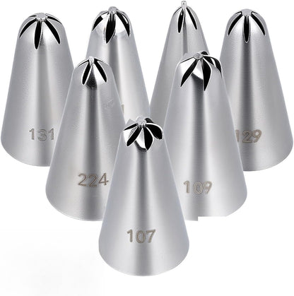 7 Pcs Drop Flower Piping Tips Set, 107, 109, 129, 131, 191, 224, 225 Stainless Steel Icing Tip for Swirl, Rosette, Cake Cookie Decorating Floral Patterns