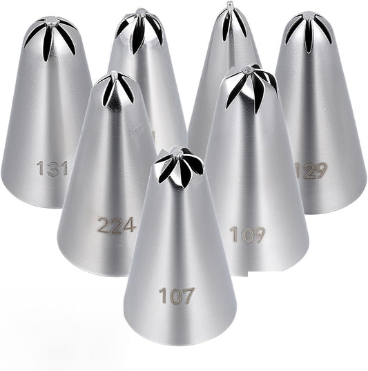 7 Pcs Drop Flower Piping Tips Set, 107, 109, 129, 131, 191, 224, 225 Stainless Steel Icing Tip for Swirl, Rosette, Cake Cookie Decorating Floral Patterns