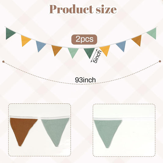 2PCS Pennant Banner Flags, Fabric Bunting Banner Nursery Garland Decor, Baby Shower Garland, Triangle Flags for Baby Boy Room, Playroom, Boho Birthday Party Decor, Each 7.75 ft (Vintage Color)