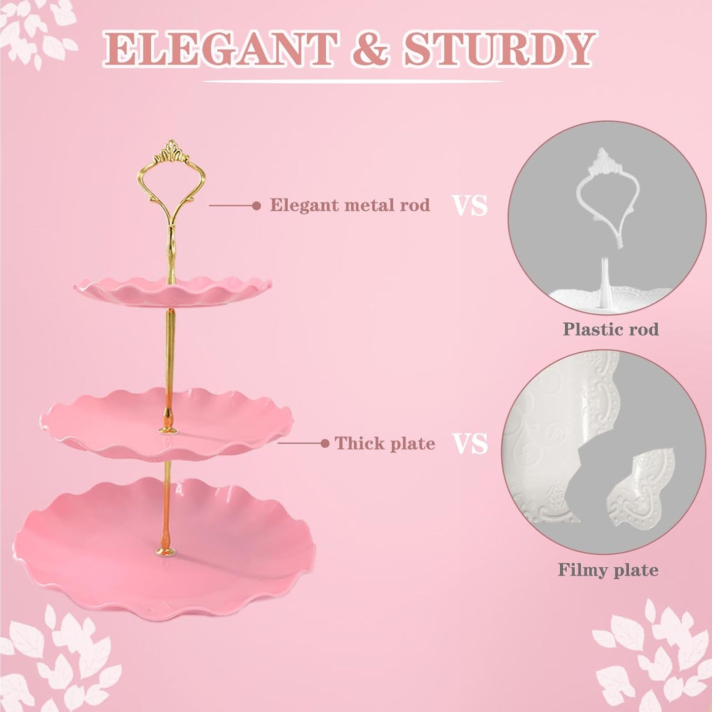 5 Pcs Dessert Table Display Set, White Plastic 2 Pcs Round 3 Tier Cupcake Stand Cup Cake Tower Stand with Metal Rod & 3 Pcs Serving Tray for Baby Shower, Tea Party, Wedding, Birthday Party