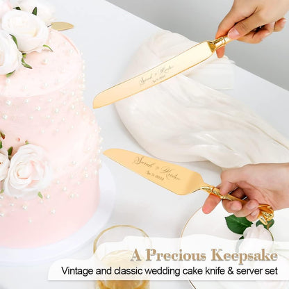 Cake Cutting Set for Wedding, Personalized Gold Cake Knife and Server Set, Custom Cake Serving Set, Engraved Pastry Pie Server Cake Pizza Cutter, Birthday Bridal Gift (F-Classic)