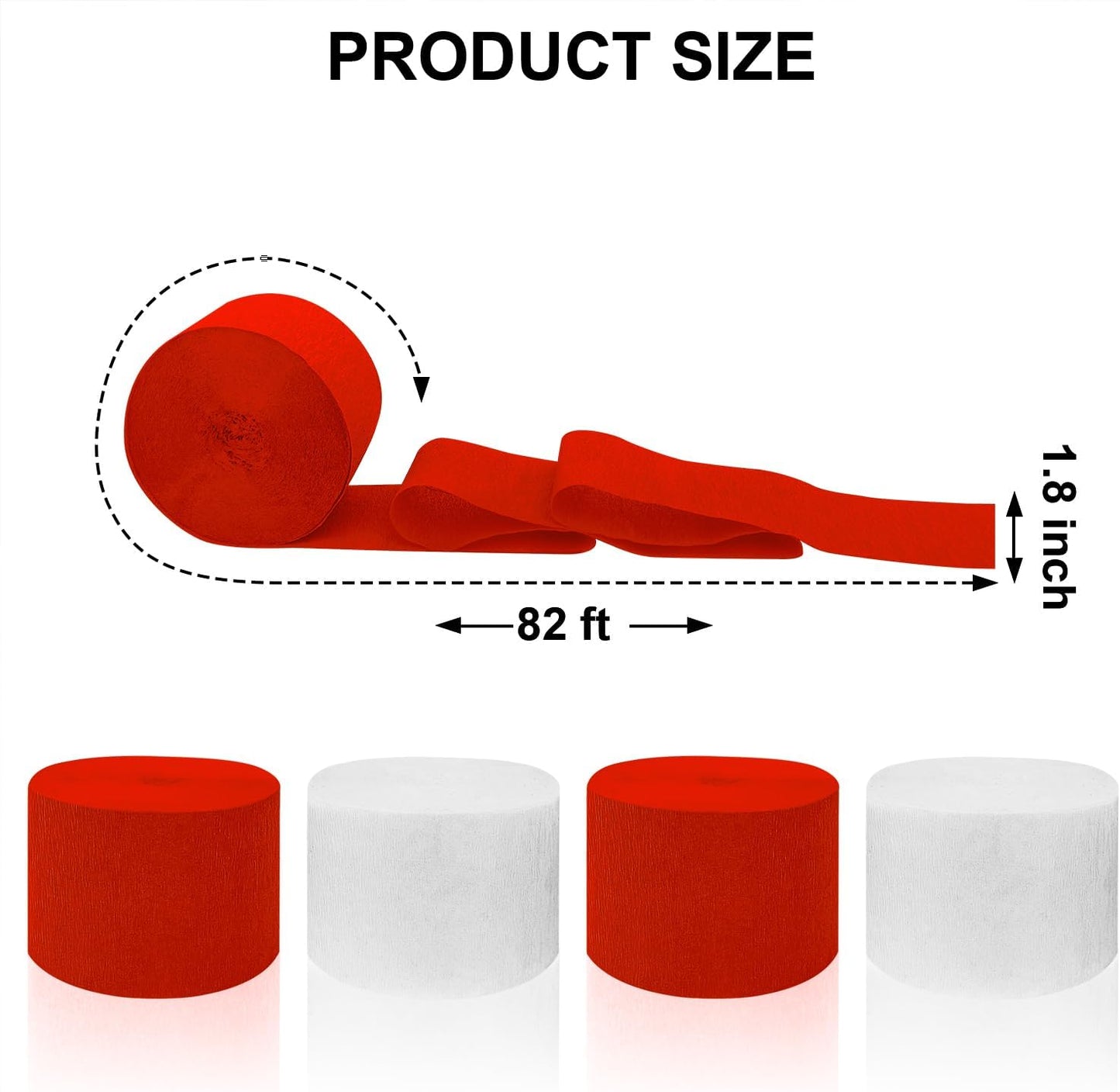 4 Crepe Paper Streamers Rolls, 328ft Pack of Red and White Crepe Paper for Birthday Baby Shower Wedding Christmas Valentines Day Party Decorations (1.8 inch x 82 ft/Roll)