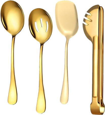 4 Pcs Large Serving Spoon Set, Silver Stainless Steel Kitchen Tongs Slotted Spoons Shovels for Buffet Parties Wedding Dinner