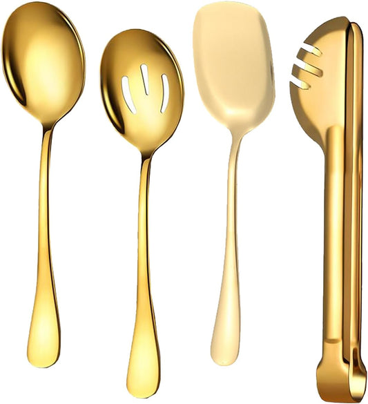 4 Pcs Large Serving Spoon Set, Silver Stainless Steel Kitchen Tongs Slotted Spoons Shovels for Buffet Parties Wedding Dinner