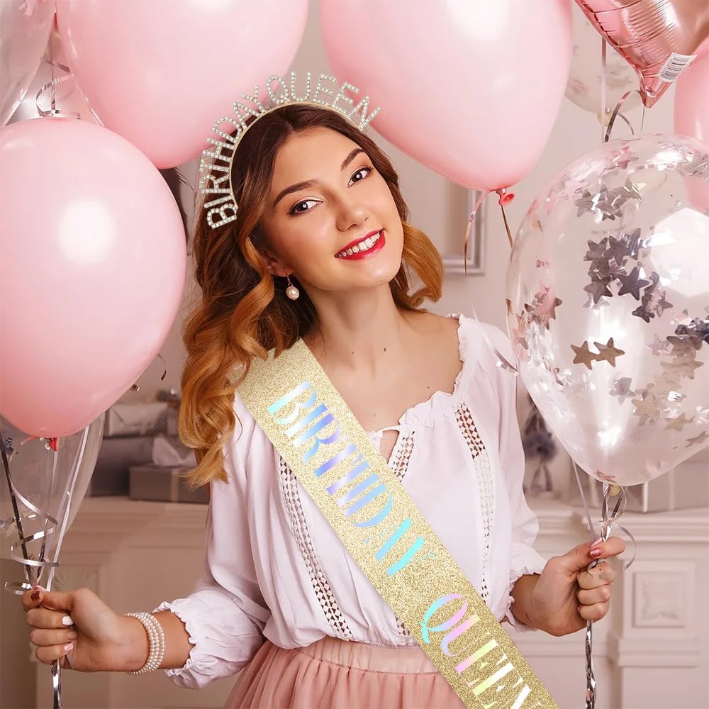 Birthday Sash & Crown for Women - Tiara Headband, Girls' Decorations Accessories