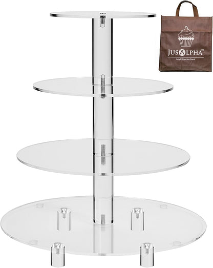Jusalpha Large 4 Tier Cupcake Stand,Acrylic Round Cake Stand Dessert Tower Tea Party Serving Platter, Cupcake Tree Wedding Party Décor, Stand with Rod Feet (4RF)