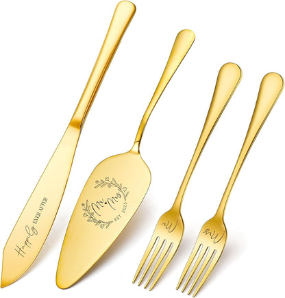 Wedding Cake Knife and Server Set, 4 Pack Stainless Steel Cake Cutting Knife, Slicer and Forks Server for Wedding, Anniversary, Birthday(Silvery)
