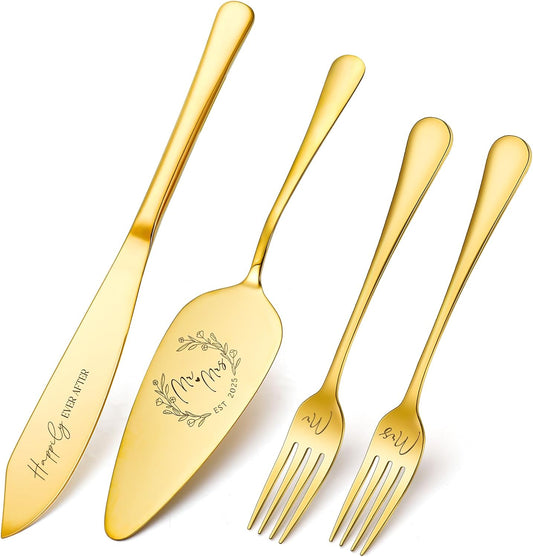 Wedding Cake Knife and Server Set, 4 Pack Stainless Steel Cake Cutting Knife, Slicer and Forks Server for Wedding, Anniversary, Birthday(Silvery)
