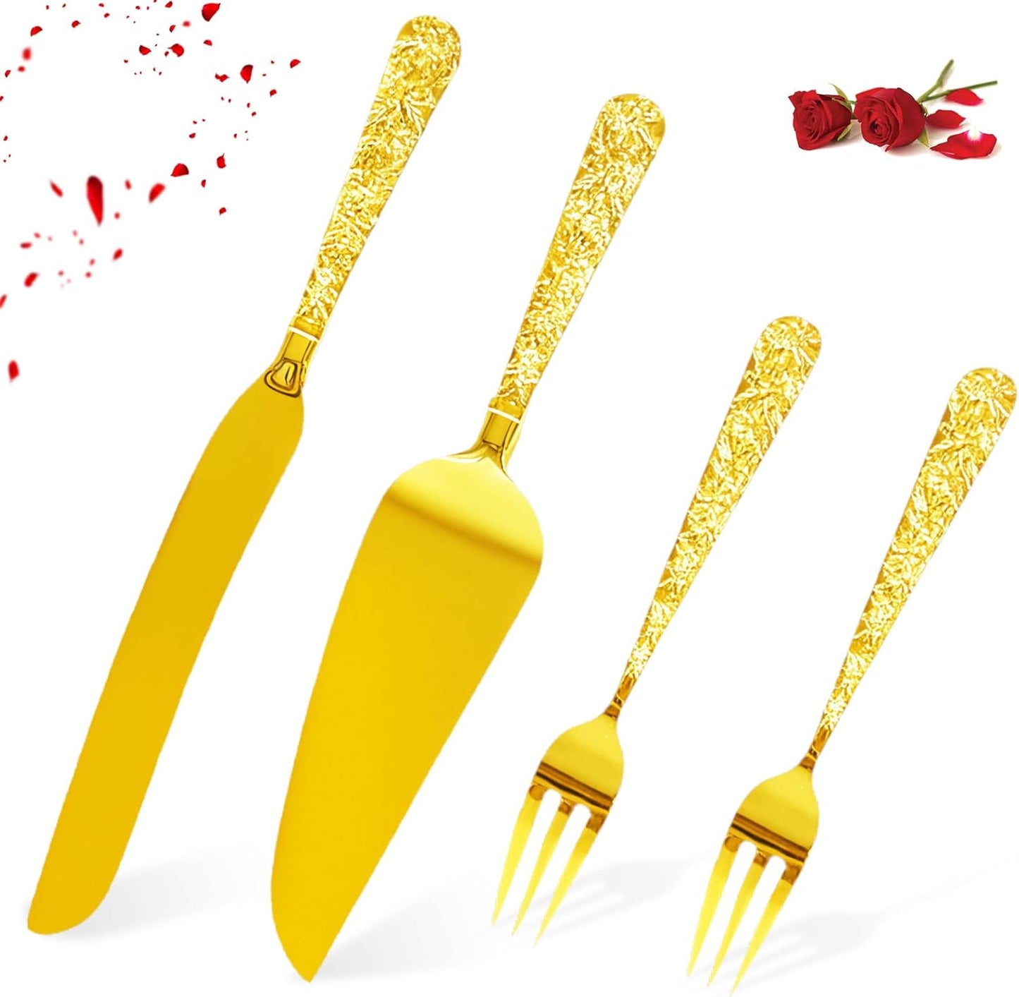 4 PCS Wedding Cake Knife and Server Set, Elegant Gold Cake Cutting Set with Engraved Handles and Forks for Wedding Anniversary, Engagement Party