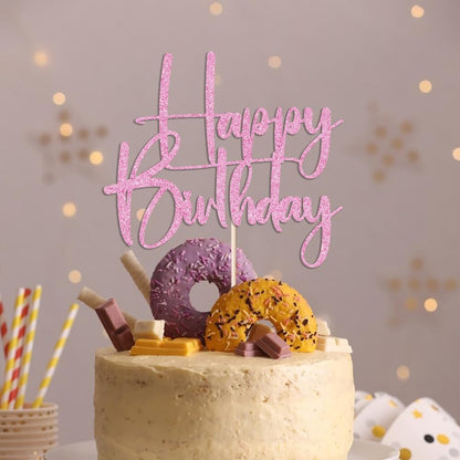Happy Birthday Cake Topper,black Glitter Cake Pick Bunting Decor for Anniversary Birthday Party Cake Decorations Supplies