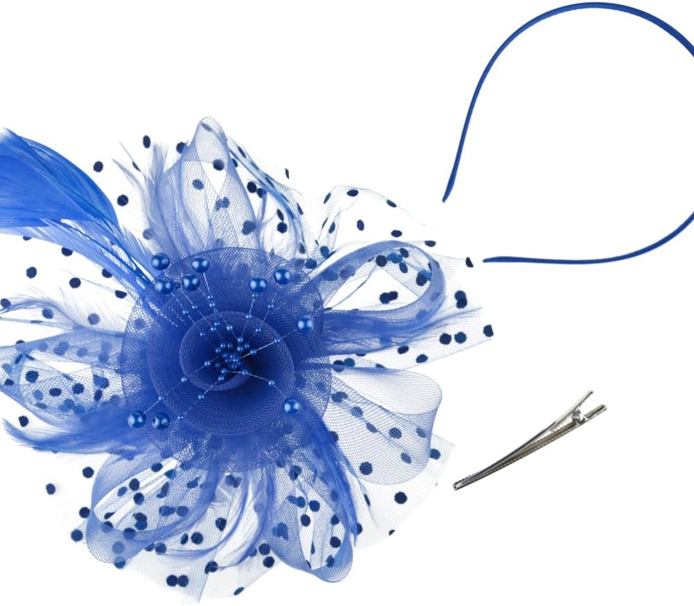 DRESHOW Fascinators Hat Flower Mesh Ribbons Feathers on a Headband and a Clip Tea Party Headwear for Girls and Women - Colors B
