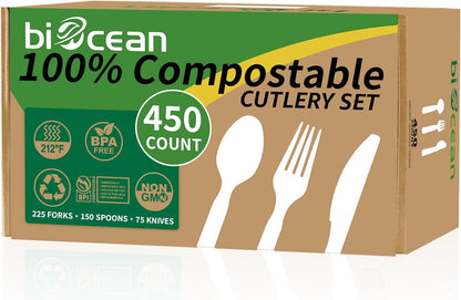 450 Counts Compostable Forks Spoons Knives Set Disposable Forks Utensils Heavy Duty Silverware Eco Friendly Flatware for Party Camping Picnics White forks spoons and knives set