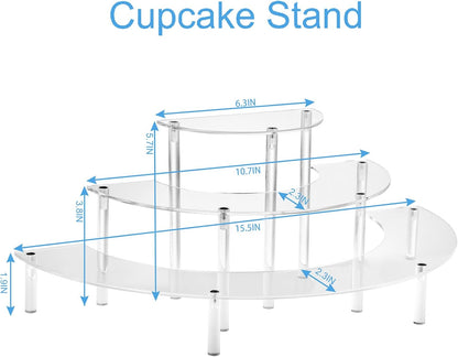 HENABLE Acrylic Display Risers, 3 Tier Clear Cupcake Perfume Stand Organizer, Half Moon Dessert Stand for Display, Food, Amiibo Funko POP Figure (2half