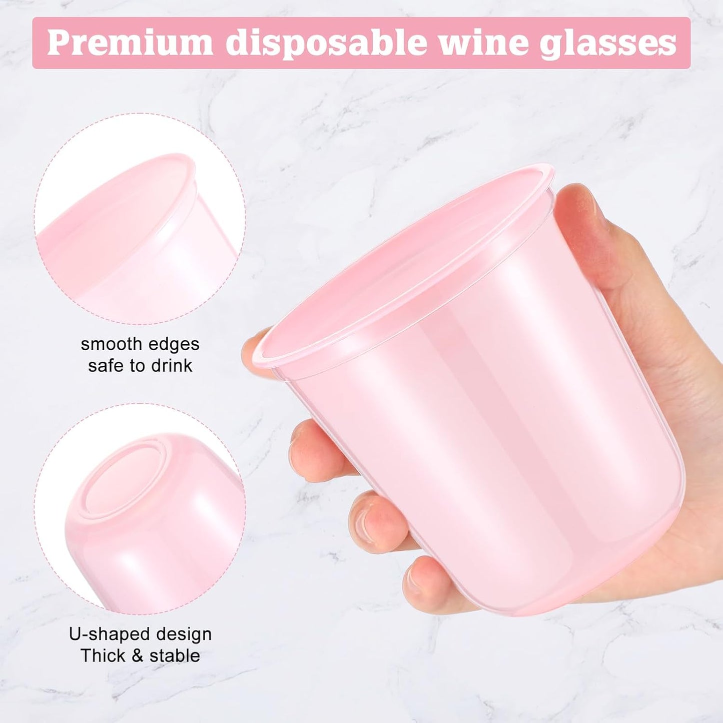 Ziliny 50 Pcs Disposable Stemless Glasses 12oz Crystal Plastic Wine Glasses Clear Classic Pet Cup for Meeting Weddings Birthdays Cocktail Christmas Party Supplies (Pink)