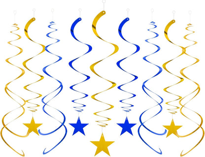 Blue Gold Star Hanging Swirl Decorations,Foil Streamers Ceiling Hanging Whirls Party Decorations,Pack of 20