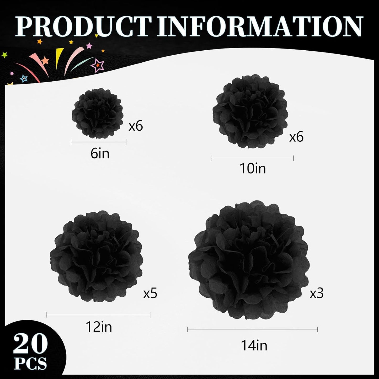 20 PCS Orange Tissue Paper Pom Poms, Tissue Pom Poms Flowers, Sizes of 6", 10", 12", 14" Hanging Paper Flower Ball for Wedding, Birthday, Halloween, Christmas, Baby Shower Party Decor